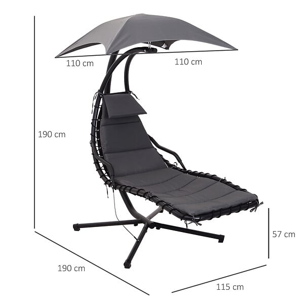 OUTSUNNY - Bain de soleil transat suspendu avec pare-soleil et matelas design contemporain 190L x 115l x 190H cm acier polyester gris foncé noir - large