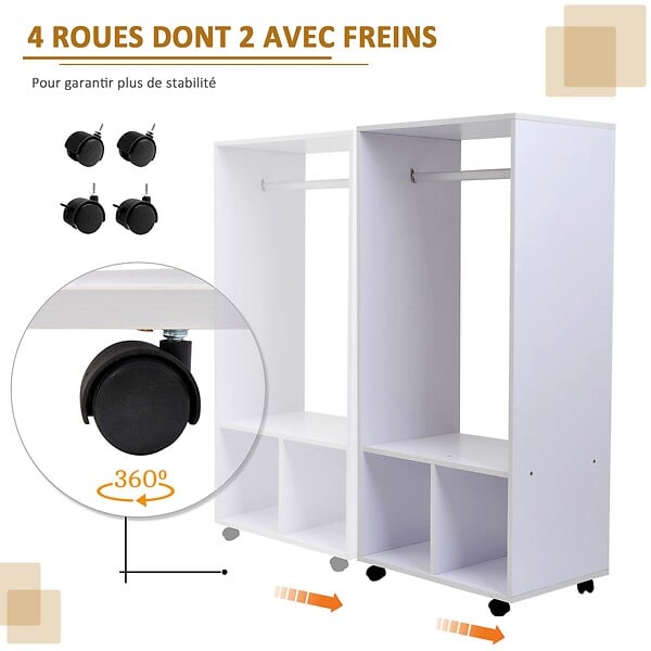 HOMCOM - Portant à vêtements penderie mobile avec roulettes 2 niches + grand espace penderie panneaux particules blanc - large