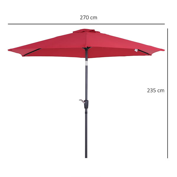 OUTSUNNY - Parasol inclinable de jardin balcon terrasse manivelle toile polyester imperméabilisée haute densité 180 g/m² Ø2,6 x 2,35H m alu rouge vineux - large